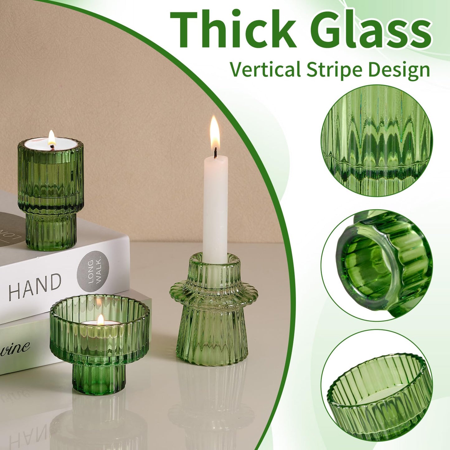 Green Taper Glass Candlestick Holders Set of 6, Tea Lights Candle Holder, Votive Candle Stick Holder for Party Wedding Dining