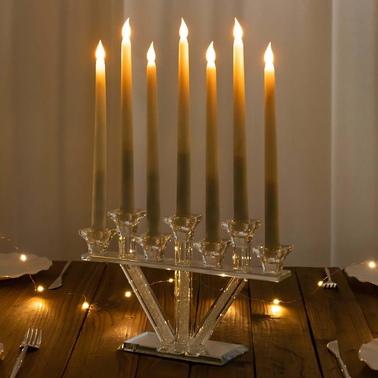 Efavormart 12" Crystal Glass Candelabra with Crystal Filler, 7-Branch Taper Candle Stick Holder Stand with Mirror Rectangular Base