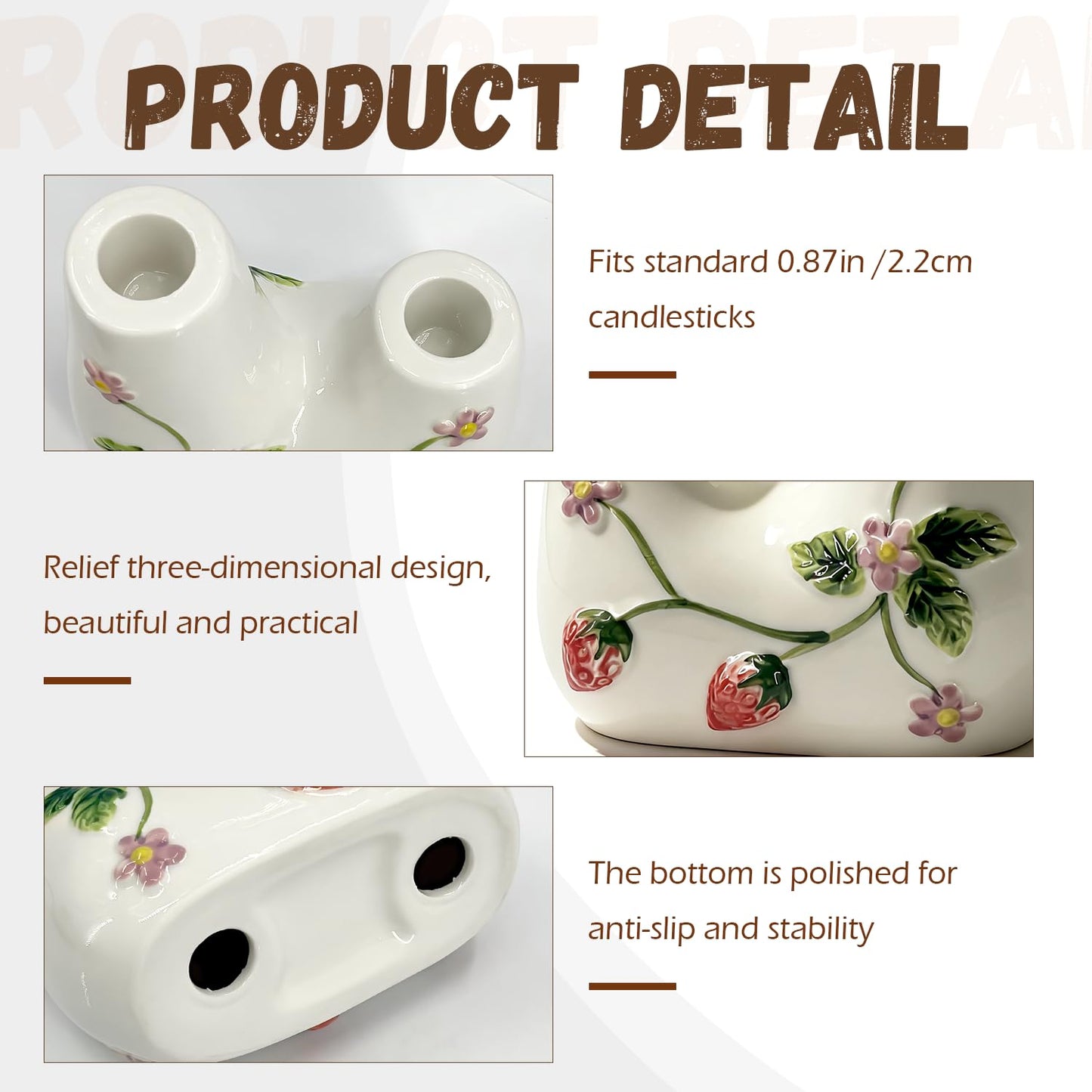 Ceramic Candle Holder Set of 1, Double Tapered Candlestick Holders with Strawberry 3D Relief Design, for Dining Table, Wedding, Home Decor, and Mantelpiece - White