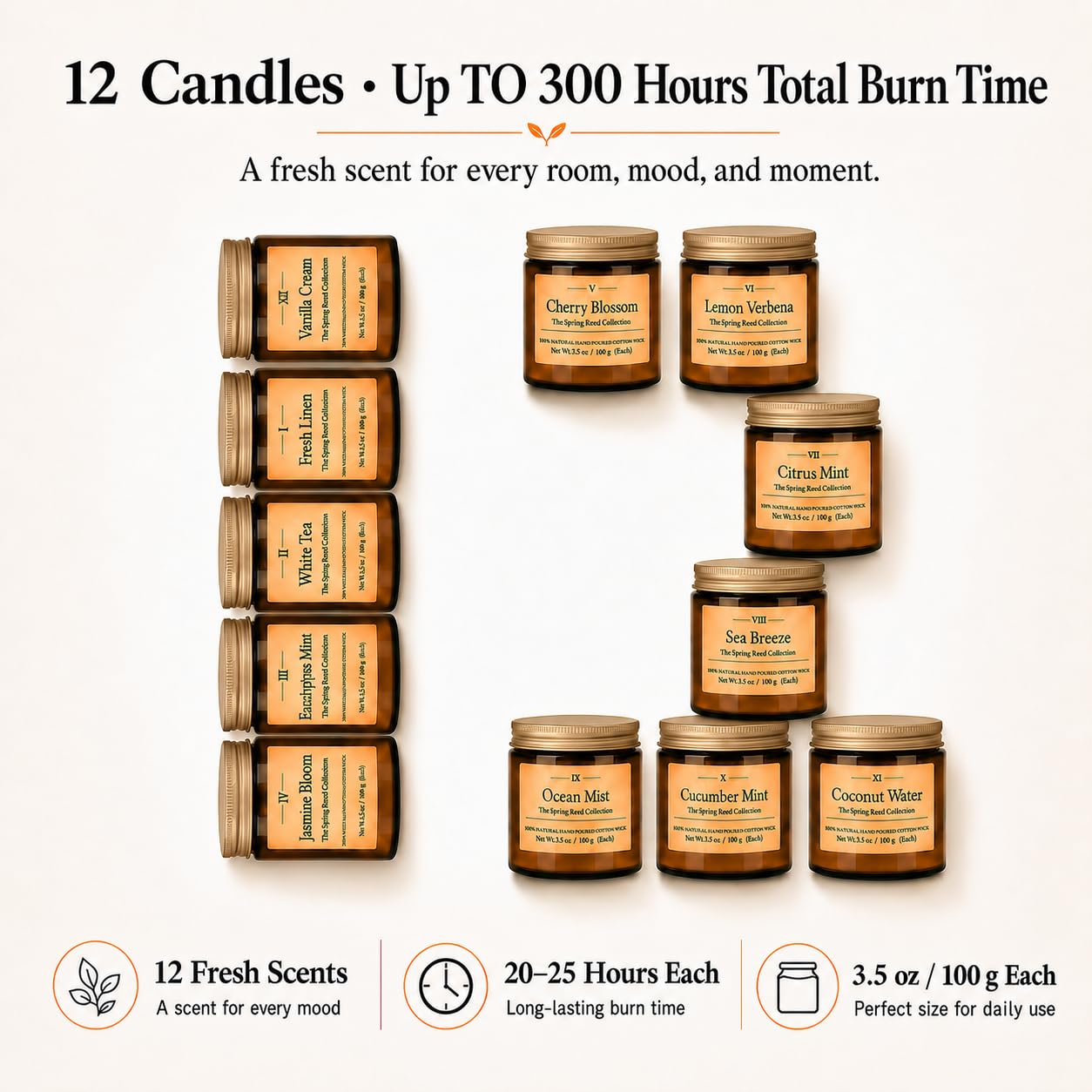 12 Pack Summer Scented Candles, 3.5 oz Amber Glass Jar Soy Candle Set, 8% Essential Oil Blend, Gifts for Women Birthday Housewarming