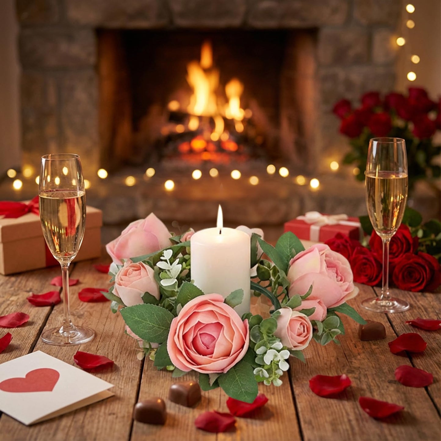 Artificial Rose Candle Rings Wreath Mini Floral Wreaths Pillar Candle Holder with Blooming Flowers and Green Leaves for Wedding Party Home Table Centerpieces Decor (Pink)