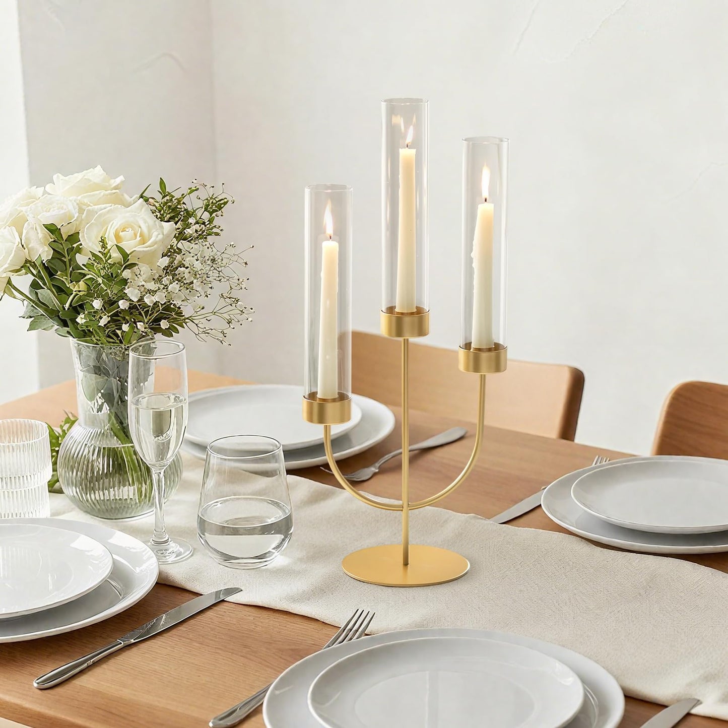 Sziqiqi Gold Candelabra for Wedding Centerpiece: 3 Arm Candle Holders with Cylinder for Taper Candle Stick - Metal Candlestick Holders Set of 2 for Christmas Engagement Table Decor