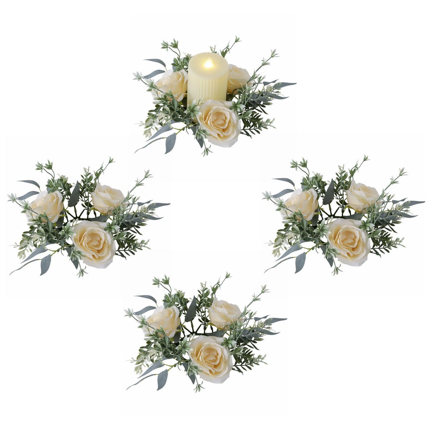 Youshe 4 Pcs Artificial Rose Candle Ring, Valentine's Day Candle Rings Wreaths Mini Floral Garland Wedding Table Pillar Centerpiece for Xmas Home Farmhouse Party Candle Holder Décor (Champagne)