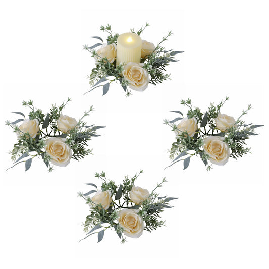 Youshe 4 Pcs Artificial Rose Candle Ring, Valentine's Day Candle Rings Wreaths Mini Floral Garland Wedding Table Pillar Centerpiece for Xmas Home Farmhouse Party Candle Holder Décor (Champagne)