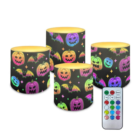 Merkmak Colorful Pumpkin Bat Flameless Candles with Remote Battery Operated Candles with Timer Halloween Flickering LED Elictric Pillar Tealights for Indoor Outdoor Home Decorations