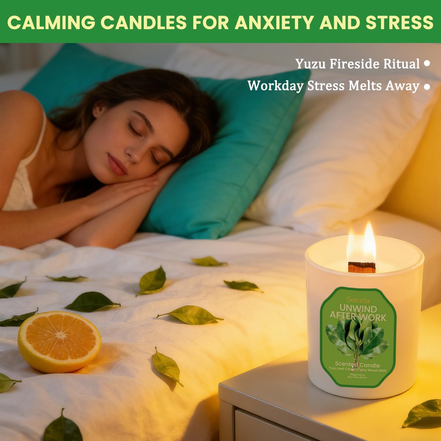 Senvia Crackling Wood Wick Candle - Yuzu Citrus Scented, Non Toxic, Clean Burn for Home Office, Long Lasting Strong Scent for Small to Medium Rooms, Stress Relief, Lead-Free