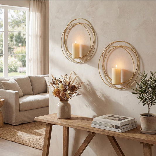 ZEXUIRU 2 Set Metal Wall Candle Sconce for Living Room Bedroom Dining Room Bathroom Decorative Iron Candle Holders Farmhouse Wall-Mounted Metal Sconces Holder - Gold 12.8in