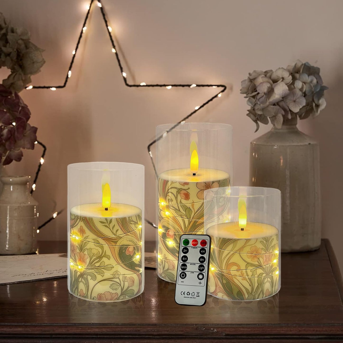 Flickering Flameless Candles Pink Floral, Embedded Star String Lights, Battery Operated Acrylic LED Pillar Candles with 11-Key Remote and Timer for Home Decoration, 3 Pack