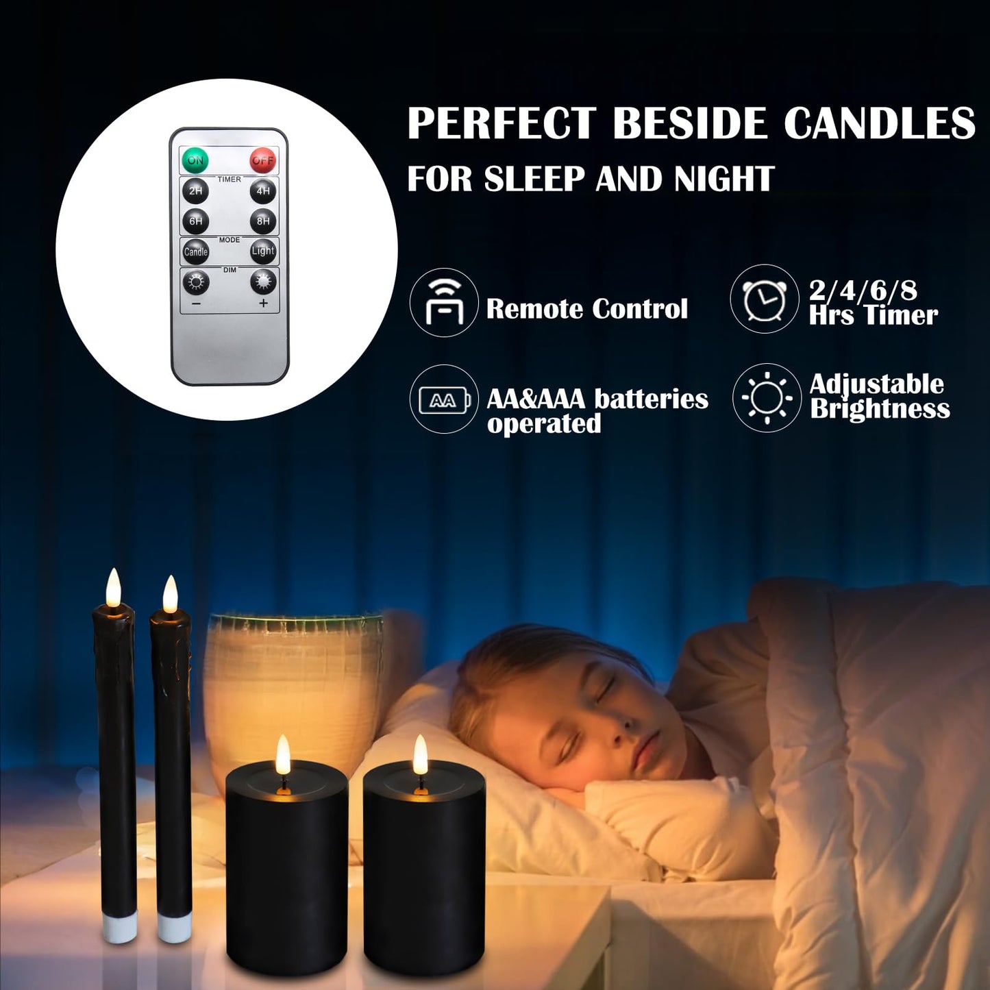 Lezonic Halloween Black Flameless Candles with Remote, Battery Operated Real Wax with Dripping Effect, Flickering LED Candles for Fireplace, Shelf, Centerpiece, Set of 4 (9.5" Taper & 5" Pillar