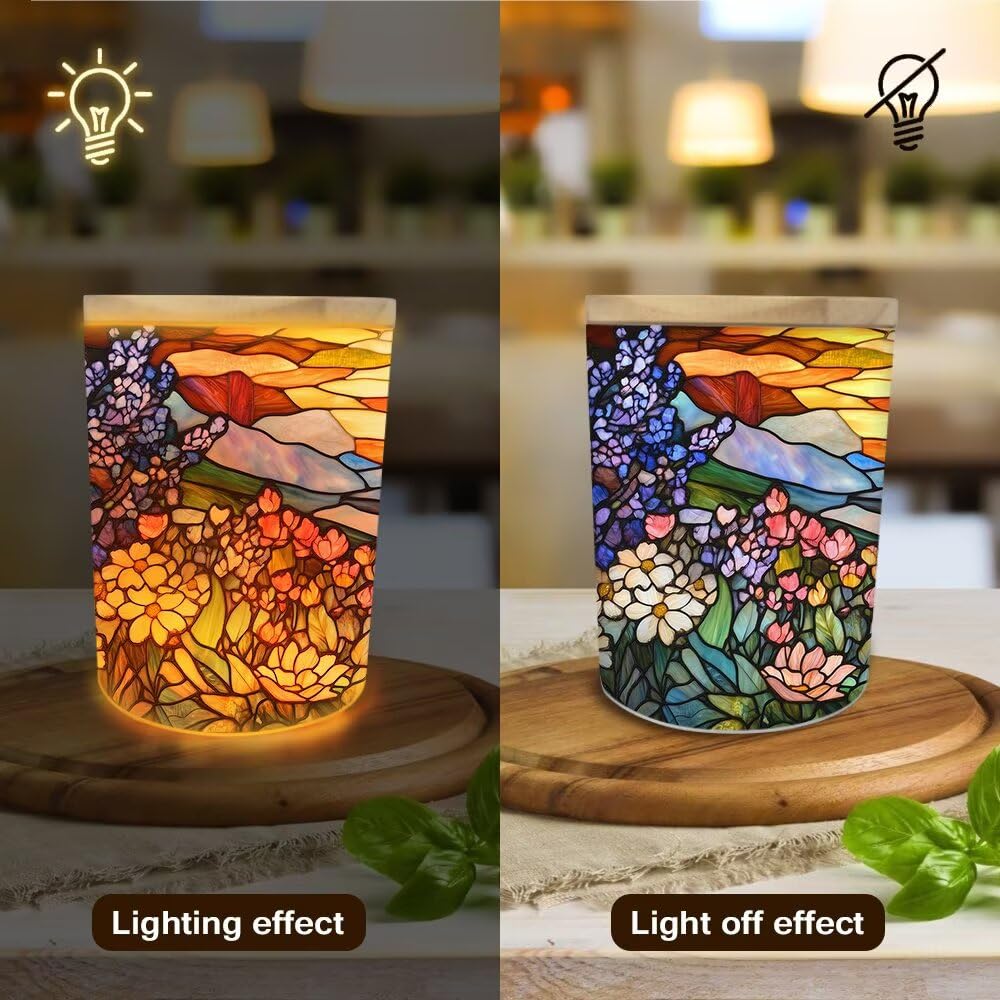 Stained Glass Cat Tea Light Candle Holders, Country Wildflowers Tealight Candle Holder Jar with Wooden Lid, Pastoral Votive Candlesticks for Table Centerpieces, Christmas,Birthday Party