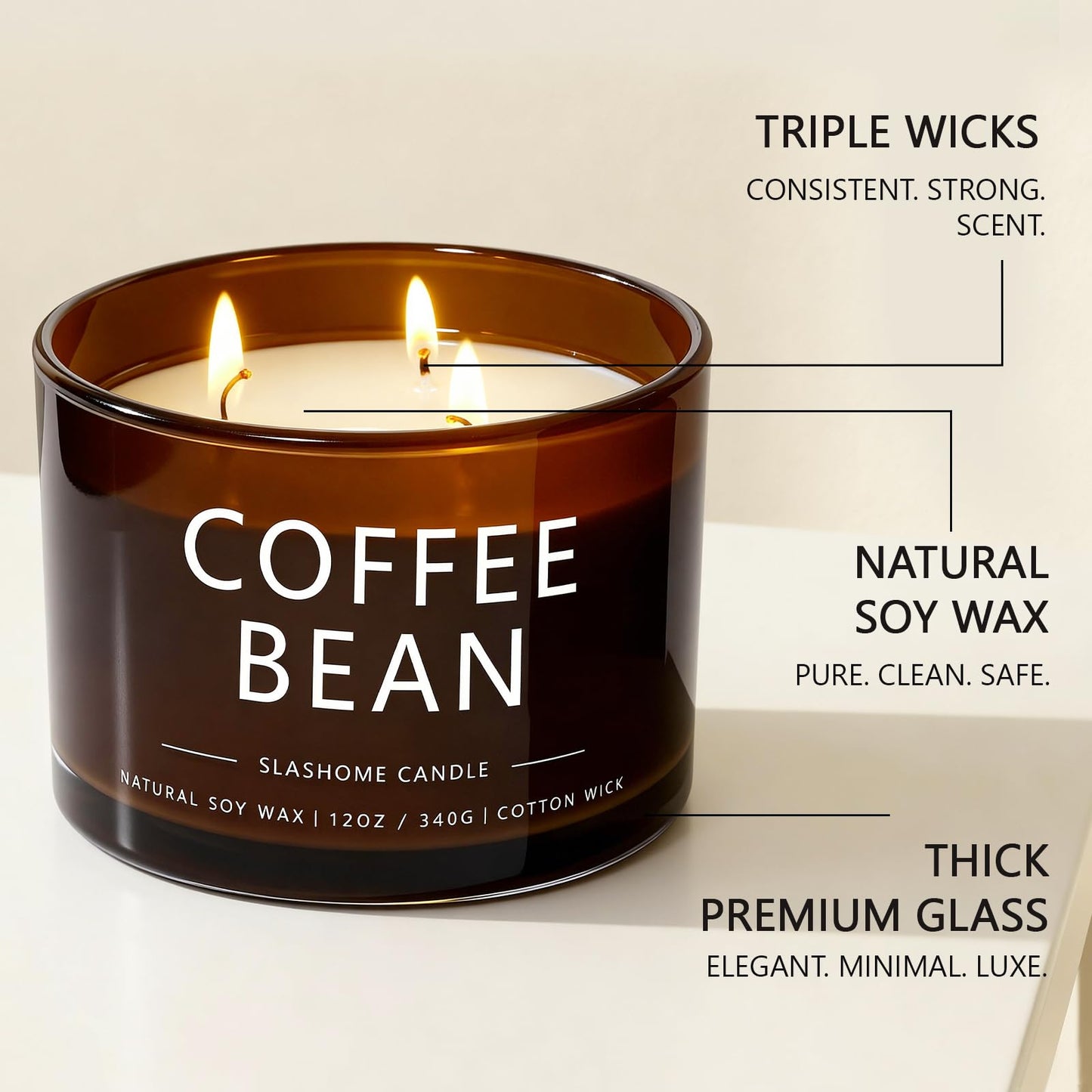 Coffee Bean Scented Candle, Luxury Large 3 Wick Soy Candle 12 Oz, 60+ Hour Long Lasting Clean Burn, Elegant Aromatherapy Home Decor, Housewarming & Birthday Gift for Men & Women