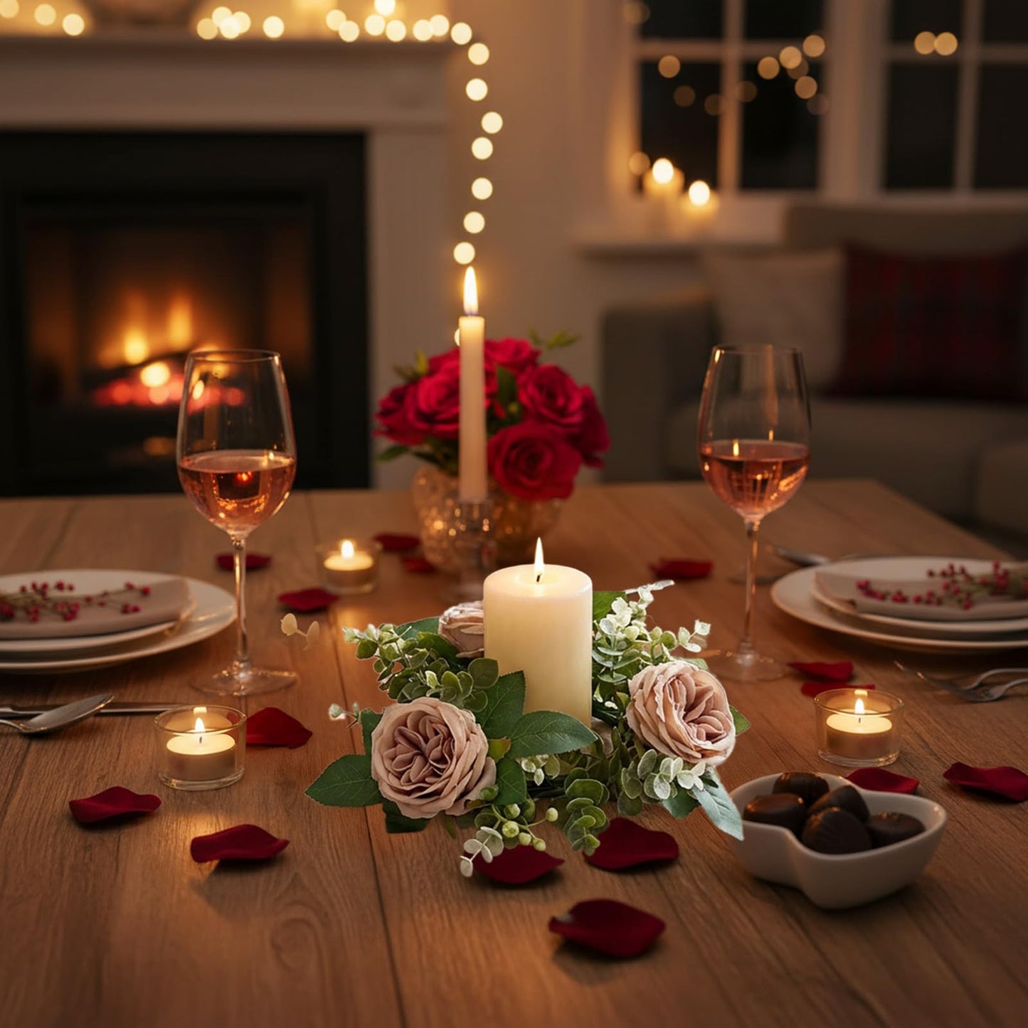 Artificial Rose Candle Rings Wreath Mini Floral Wreaths Pillar Candle Holder with 3 Blooming Flowers and Green Leaves for Wedding Party Home Table Centerpieces Decor (Khaki)