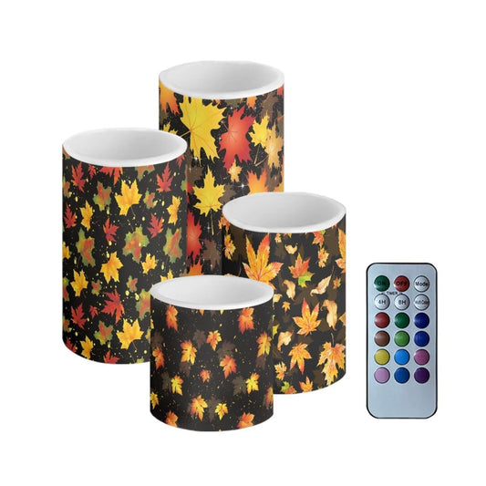 NETILGEN Vintage Maple Leaf Print Flameless LED Candles with Remote Timer Control Long Lasting Pillar Candles Home Decoration Pack of 4 for Thanksgiving Day