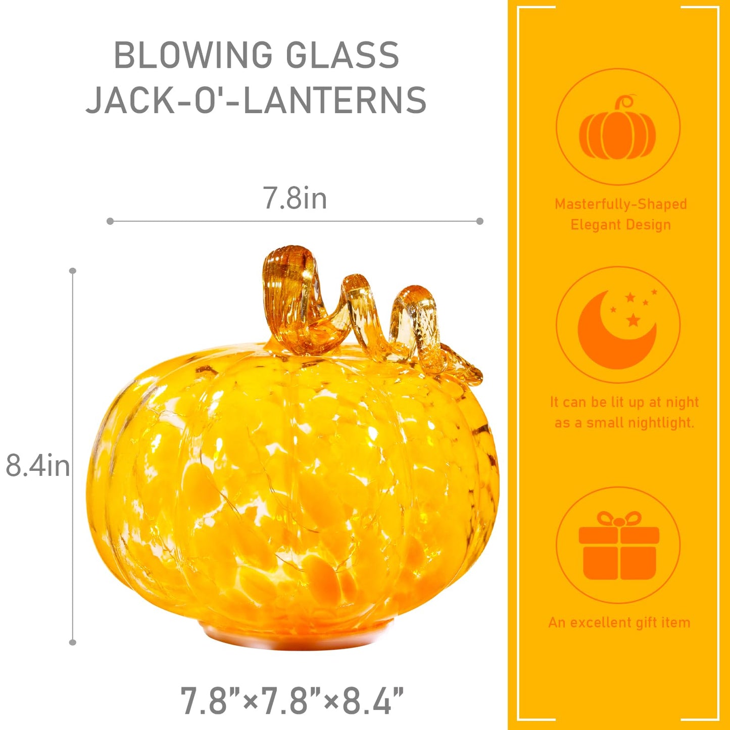 Naboher Handcrafted Glass Pumpkin with Warm LED Lights - Halloween & Thanksgiving Decor, Gift-Worthy Fall Home Decoration, 5.9-Inch Light-Up Tabletop Centerpiece (Vine Orange)
