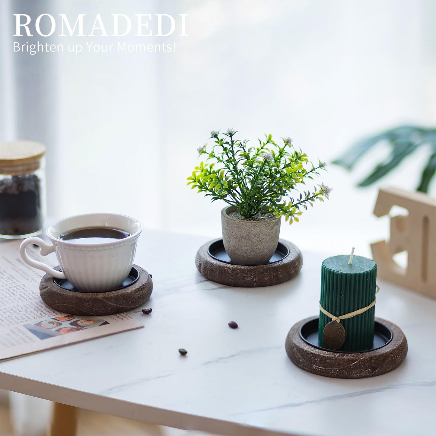 Romadedi Wood Candle Holder Farmhouse Decor - Pillar Candle Holders for Table Centerpiece Small Tray Riser Set of 4 Round Wooden Plate Pedestal Stand for Coffee Table Home Living Room, Brown