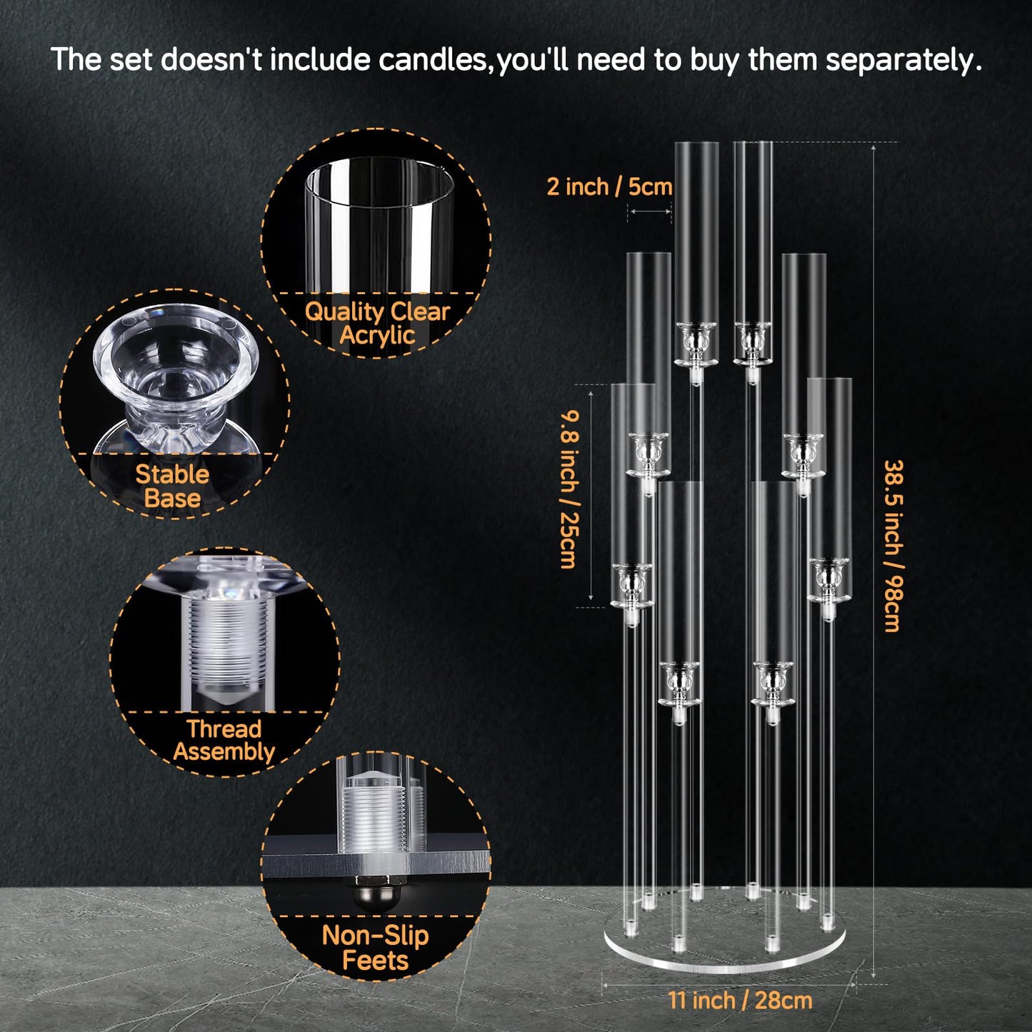 8 Arms Acrylic Candelabra Centerpieces for Wedding Table Decorations,38.5'' Tall Clear Candlesticks Holder with Acrylic Shade for Valentine's Day Dinner Party Fireplace Gift,Fits LED Candles