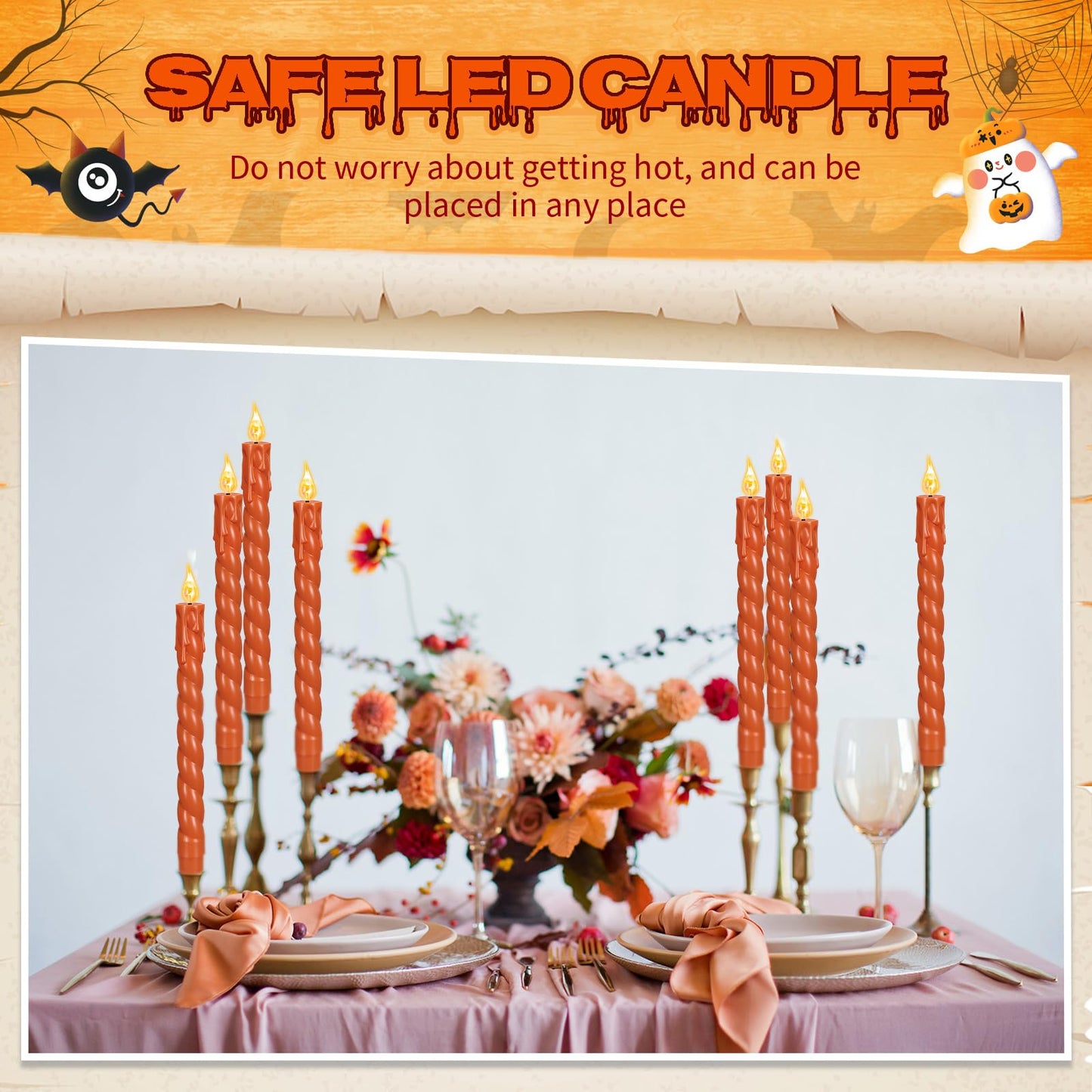 CHENGU 12 Pcs LED Taper Candles Flameless Battery Dripless Dinner Candles for Thanksgiving Day, Weddings, Church, Hanukkah, Christmas, Autumn, New Year Celebration(Spiral Orange,Spiral)