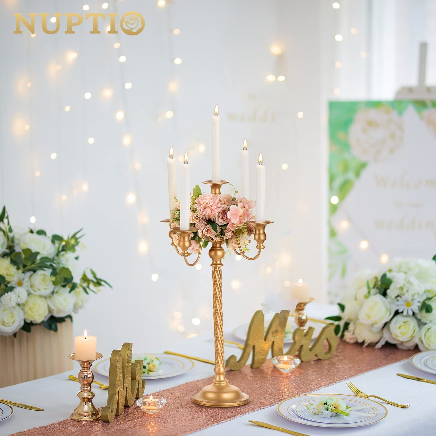 Nuptio Tall Candle Holder Gold Candelabra 21in Candlestick Holder 5 Arm Candelabras 2 Pcs Metal Taper Candle Holders Candle Stand Table Centerpiece for Wedding Fireplace Home Halloween Church Decor