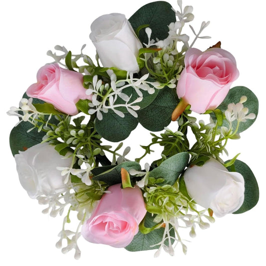 X psblty 2-Pack Artificial Eucalyptus Candle HolderWreath - Vintage Wax Ring withRose Decor for Easter, Halloween, Christmas, Home Table, Garden Party Centerpiece(Pink and White 20CM)