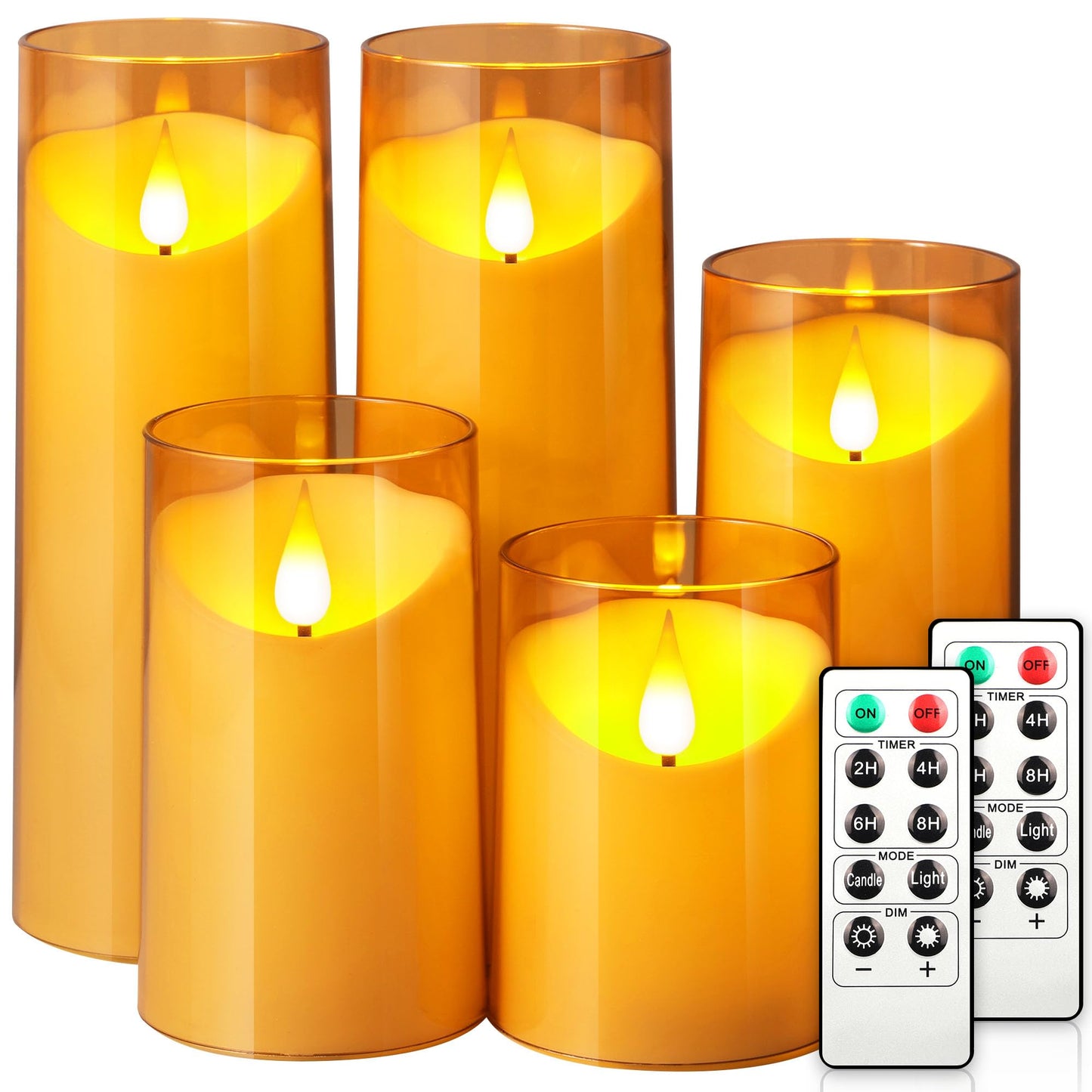 NURADA Flickering Flameless Candles: Acrylic LED Pillar Candles Battery Operated with Remote and Timer for Romantic Ambiance and Home Table Bathroom Decor, Gold, Pack of 5