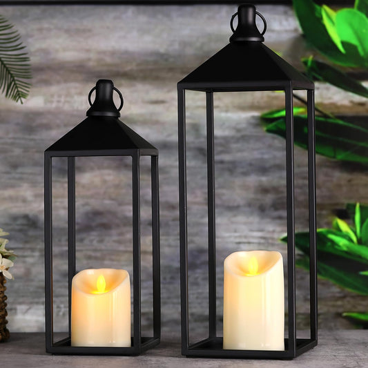 MATAHUM Modern Farmhouse Lanterns Decorative Outdoor Indoor, 17" 13" Set of 2 Black Vintage Lantern with Flameless Candles, Metal Rustic Lantern Decor for Room, Porch, Patio, Mantle, Home Decor