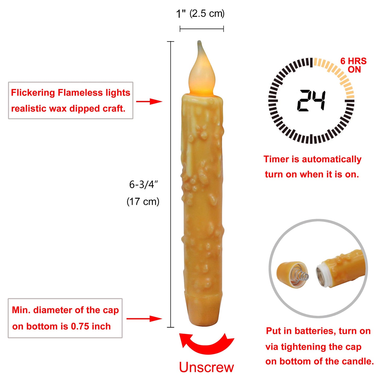 CVHOMEDECO. Real Wax Hand Dipped Battery Operated LED Timer Taper Candles Rustic Primitive Flameless Lights Decor, 6-3/4 Inch, Orange, 3 PCS in a Package