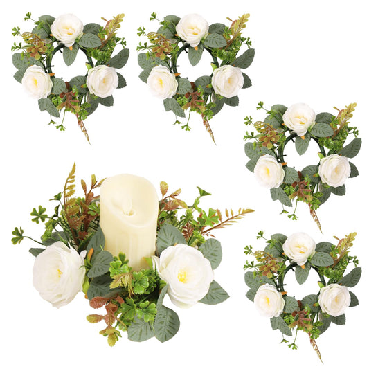 4 Pcs White Rose Candle Rings, Candle Rings Artificial Eucalyptus Leaves Wreaths Candle Rings Wreaths Greenery Wreath Candle Rings for Wedding Centerpiece Party Home Table Decor