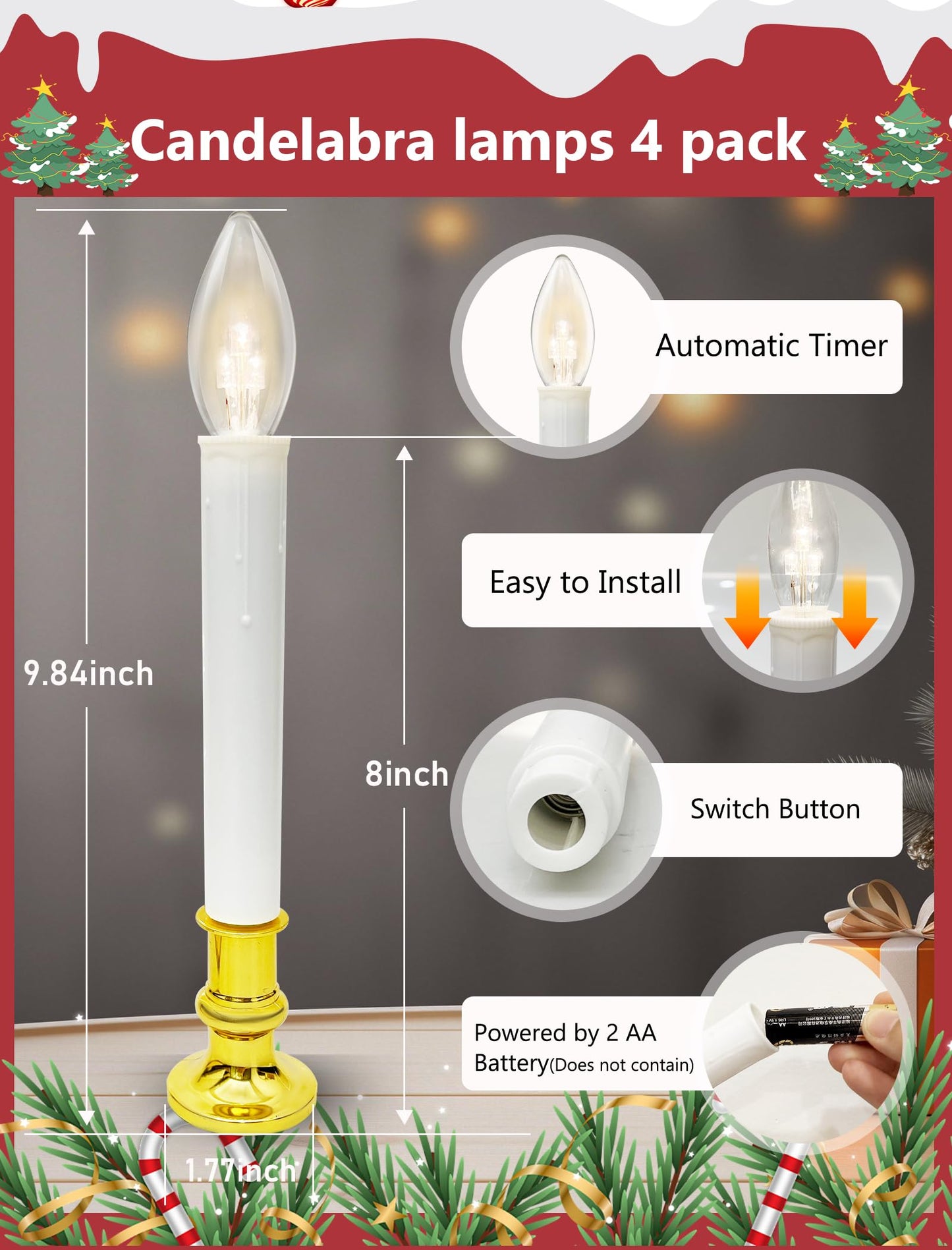 4 Pack Christmas Battery Operated Window Candles with Timer (6-18H), Wireless Window Candle Light with Gold Candlestick Base, C26 LED Bulb Candle Lamp for Home Party Valentines Decor, 4 Suction Cups