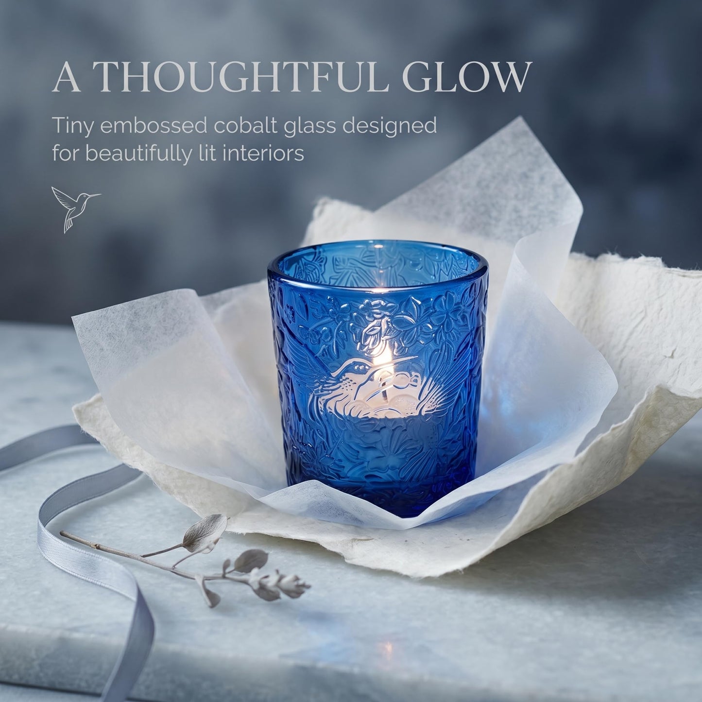 12 Pack Hummingbird Embossed Glass Candle Holders – Votive Tealight Holders with Patent Design, Decorative Embossed Glass Cups for Wedding Centerpieces, Parties, and Home Décor (Ocean Blue)