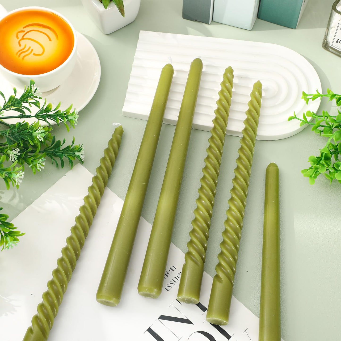 Whaline 6 Pack Olive Green Taper Candles and 6 Pack Spiral Candles Set 10 Inch Elegant Dripless Twisted Wax Candle Long Unscented Candlesticks for Spring Wedding Dinner Party Home Table Decor