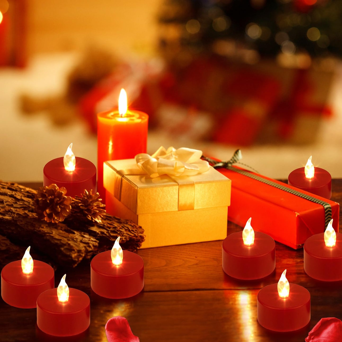 Roomsily LED Tea Lights with Remote Control: Battery Operated Bulk Realistic and Bright Flickering Long Lasting 400+Hours Flameless Candles for Home Decor Holiday Wedding Party (24Pack, Red)