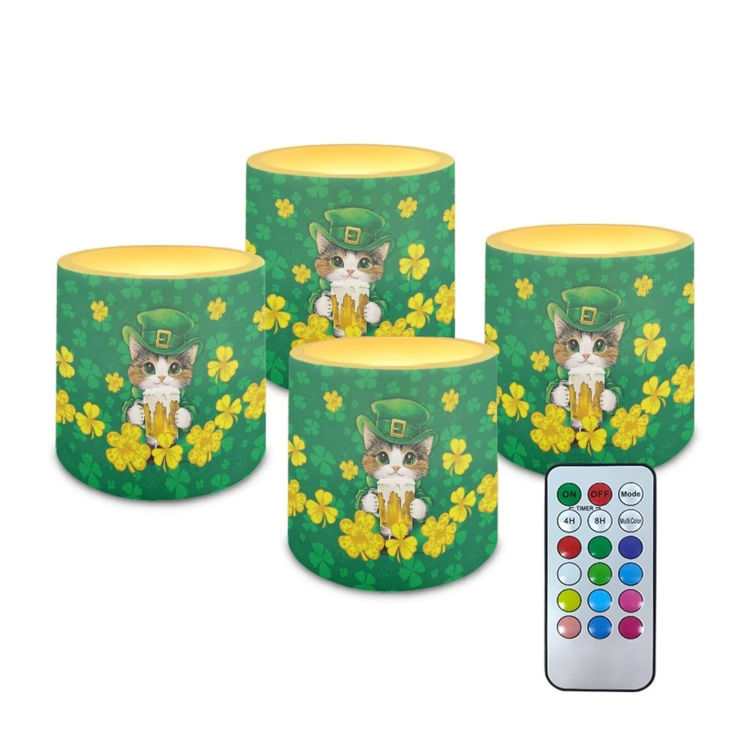 Merkmak 4 Pack Cute Cat Flameless Candles with Timers Flickering Battery Operated LED Candles with Remote St Patrick's Day Shamrocks Tea Lights for Party, Banquet, Home Decoration
