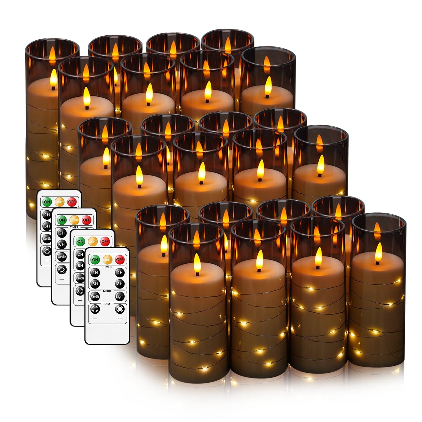 Flameless LED Candles with Timer 24 Pc Flickering Flameless Candles for Romantic Ambiance and Home Decoration Stable Acrylic Shell,with Embedded Star String，Battery Operated Candles（Grey）