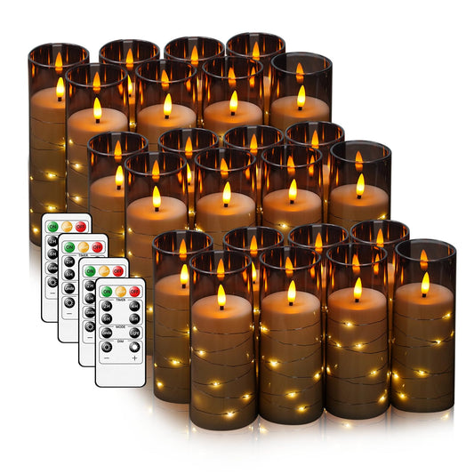 Flameless LED Candles with Timer 24 Pc Flickering Flameless Candles for Romantic Ambiance and Home Decoration Stable Acrylic Shell,with Embedded Star String，Battery Operated Candles（Grey）