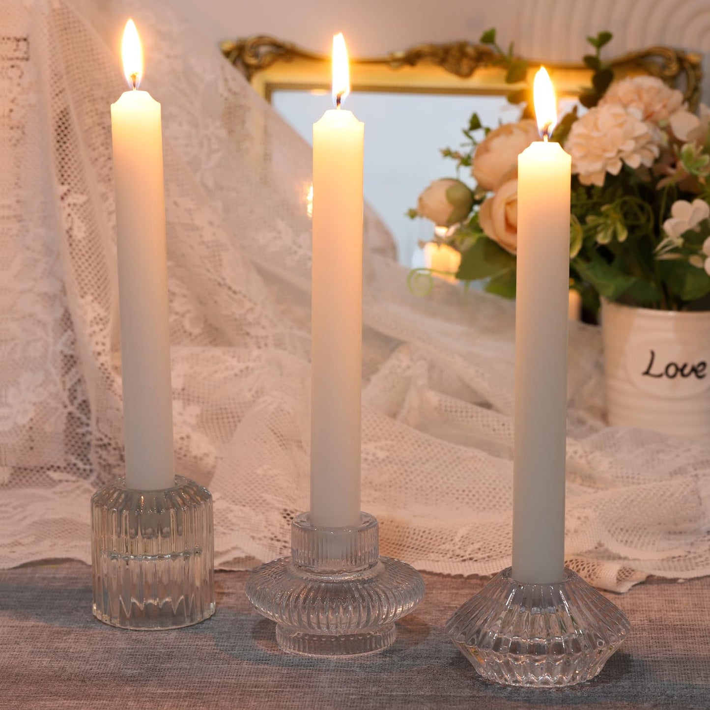 6PCS Taper Candle Holders Clear Glass Candlestick Holders Ribbed Glass Taper Candle Holders for Christmas Events Party Wedding Reception Table Centerpiece Decorations