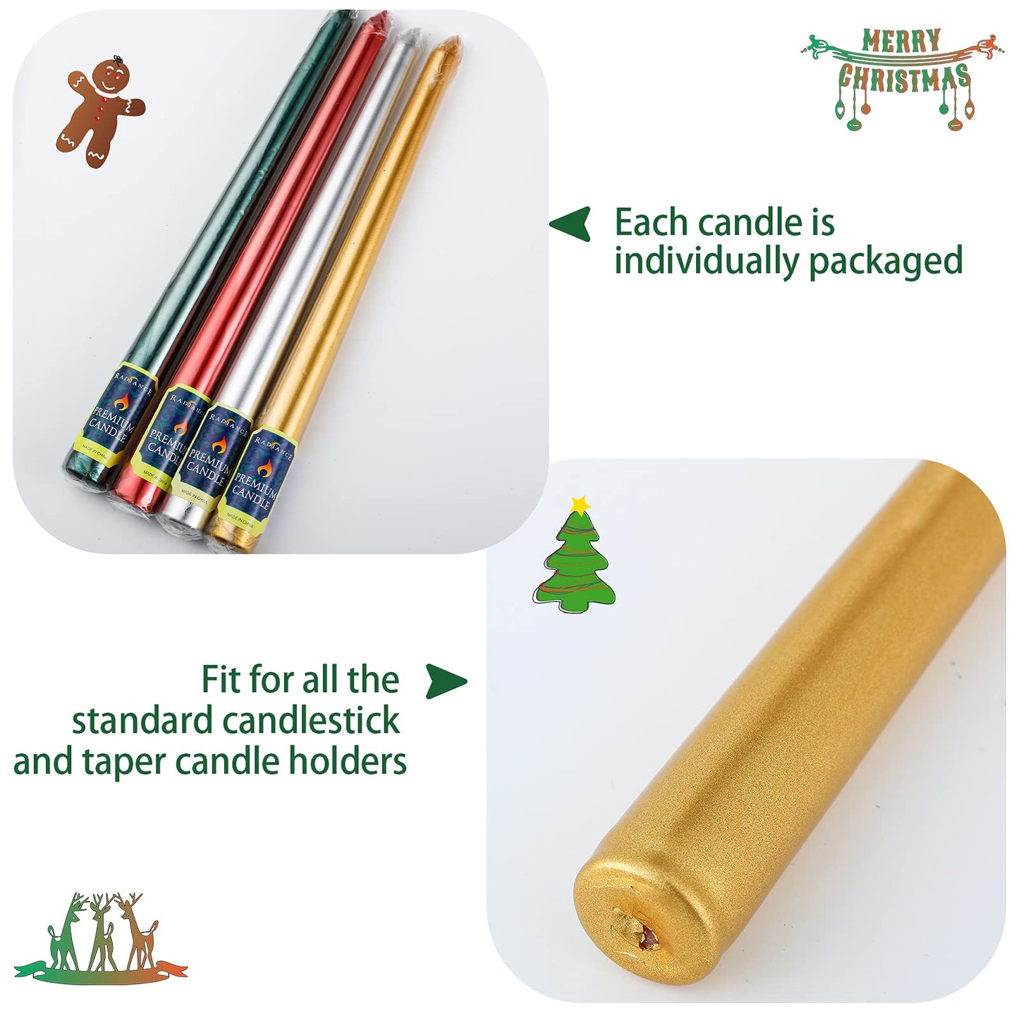 12 Pieces Christmas Taper Candles 10 Inch Tall Color Taper Candles Hand Poured Wax Candles Holiday Candles Dripless Taper for Christmas Wedding Birthday Celebration, Gold, Red, Silver, Green