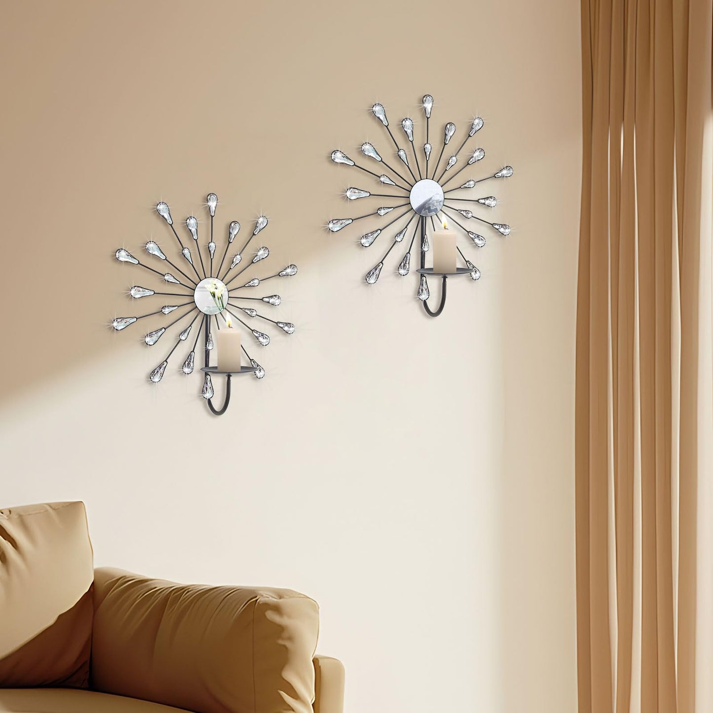 ZEXUIRU 2 Set Starburst Candle Sconces for Wall Decor Living Room Bedroom Dining Room Metal Bling, Crystal, Mirrored Modern Wall-Mounted Candle Sconce Holders Hanging Decor-Silver 13in