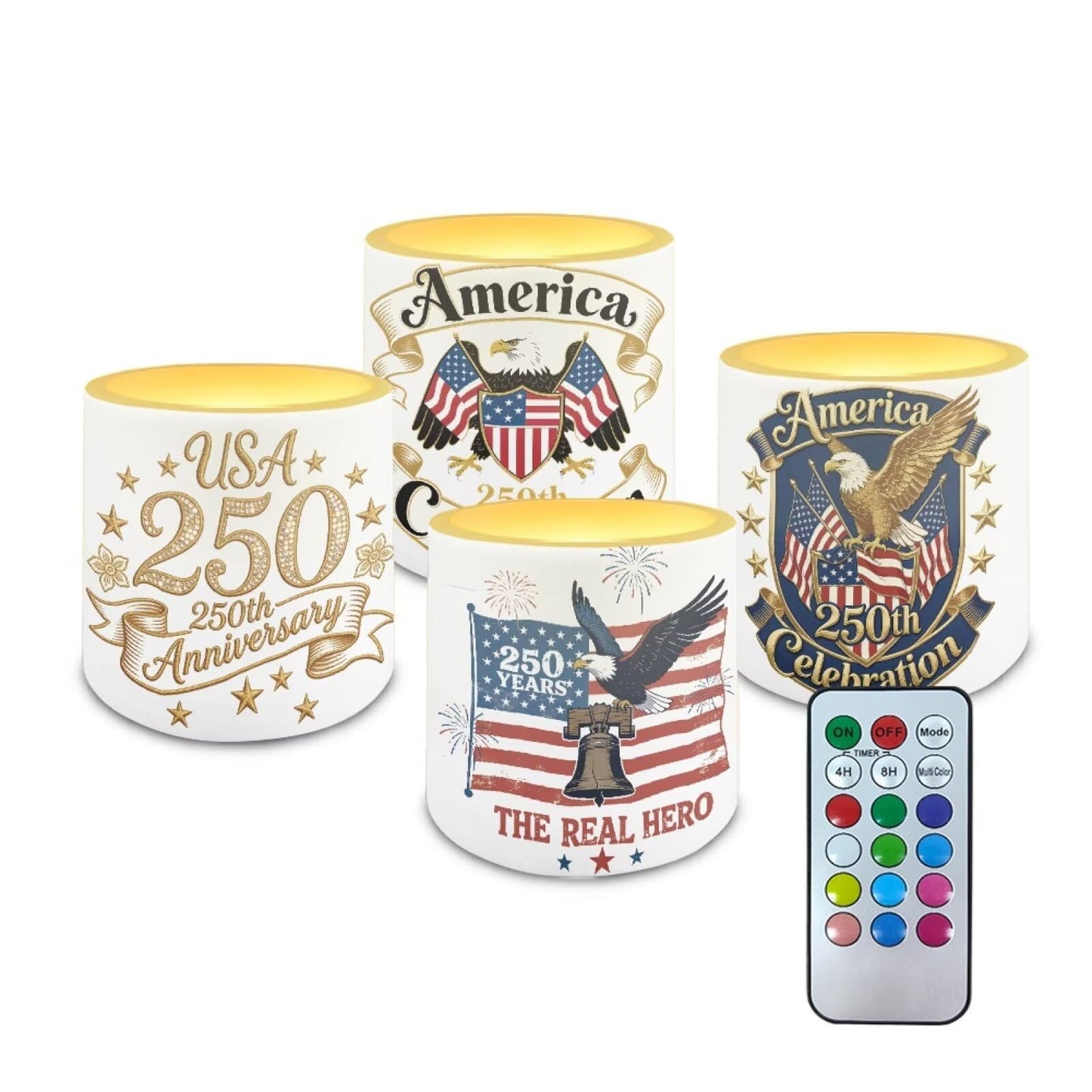 NETILGEN American 250th Anniversary Theme 4 Packs Flameless Candles LED Pillar Candles with Battery Operated Color Changing with Remote Control American Flag Eagle Print