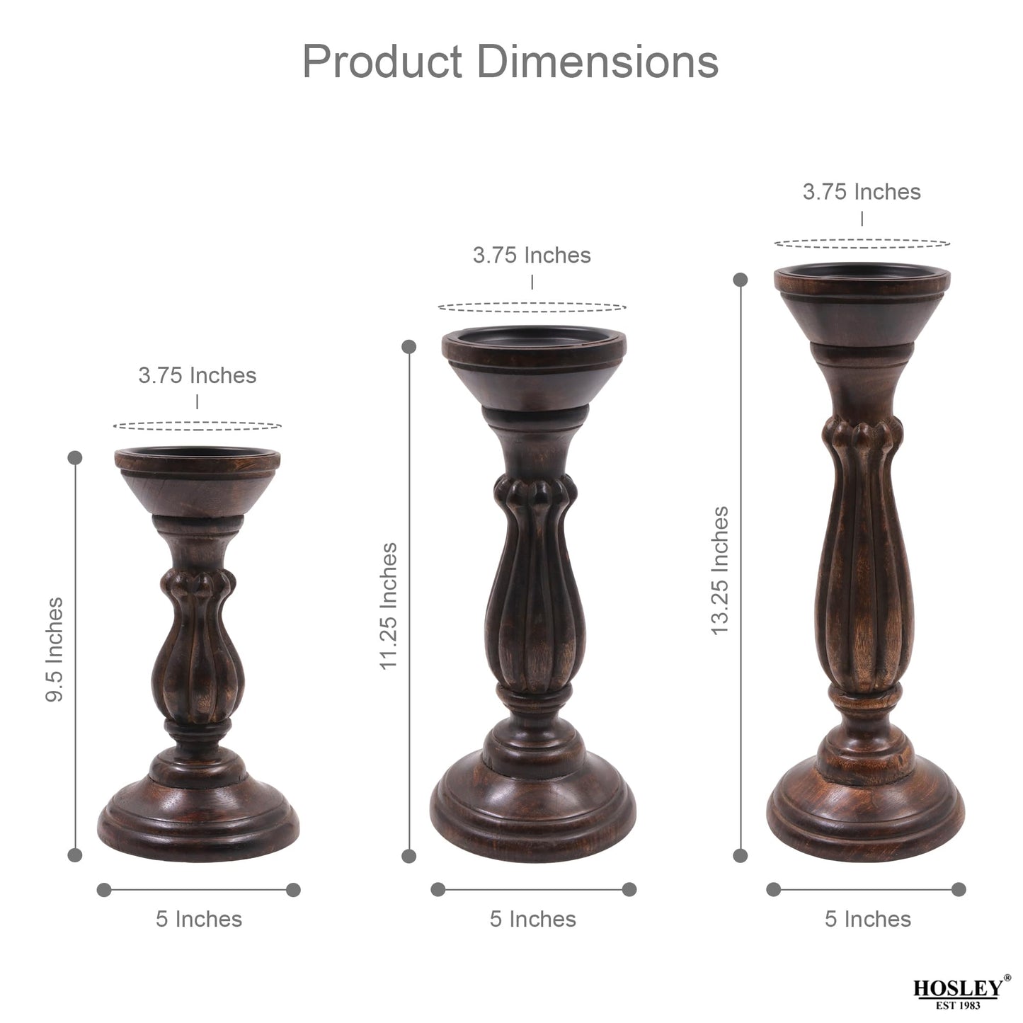 Hosley Set of 3 Dark Brown Wood Pillar Candle Holders 13 Inches 11 Inches and 9 Inches High Ideal for LED and Pillar Candles Gifts for Weddings Party Home Spa Reiki Aromatherapy
