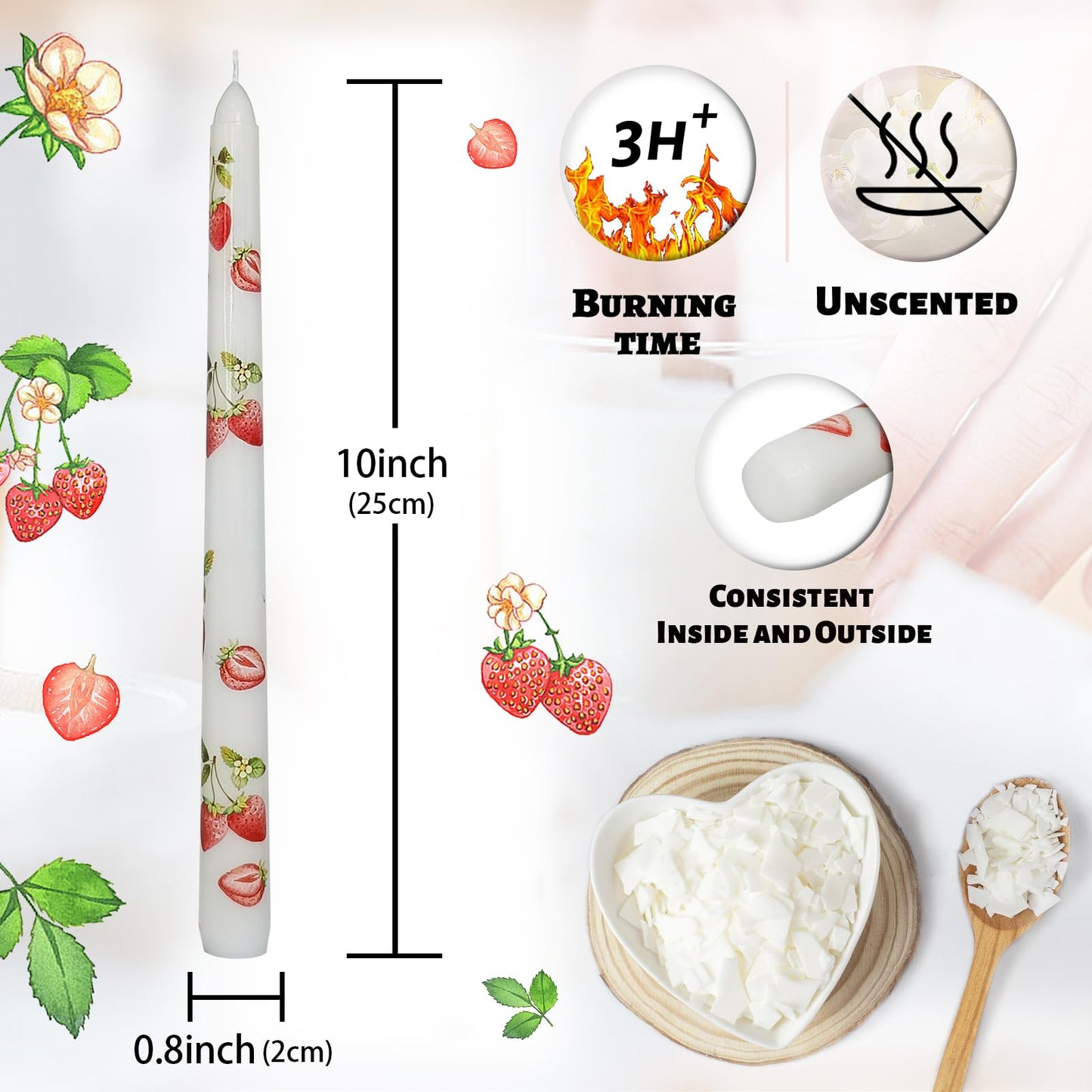 Floral Taper Candles 10 Inch Tall Unscented Handmade Strawberry Print Long Burning Elegant Candlesticks for Wedding Dinner Home Decor