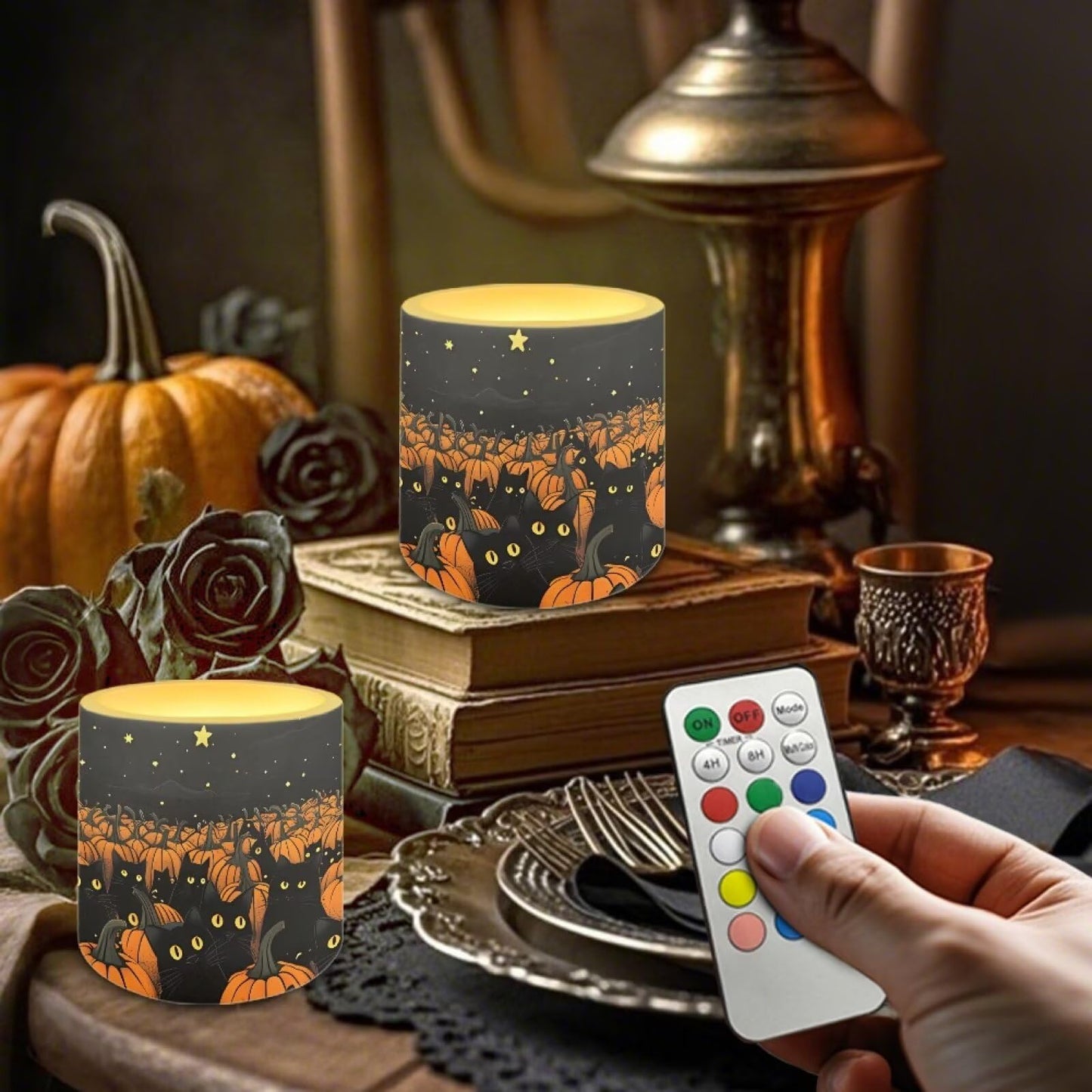 Merkmak Trick or Treat Day Flameless Candles with 18-Key Remote Battery Operated Candles with Timer, Pumpkin Black Cat Print LED Pillar Tea Lights for Halloween Party Home Decoration
