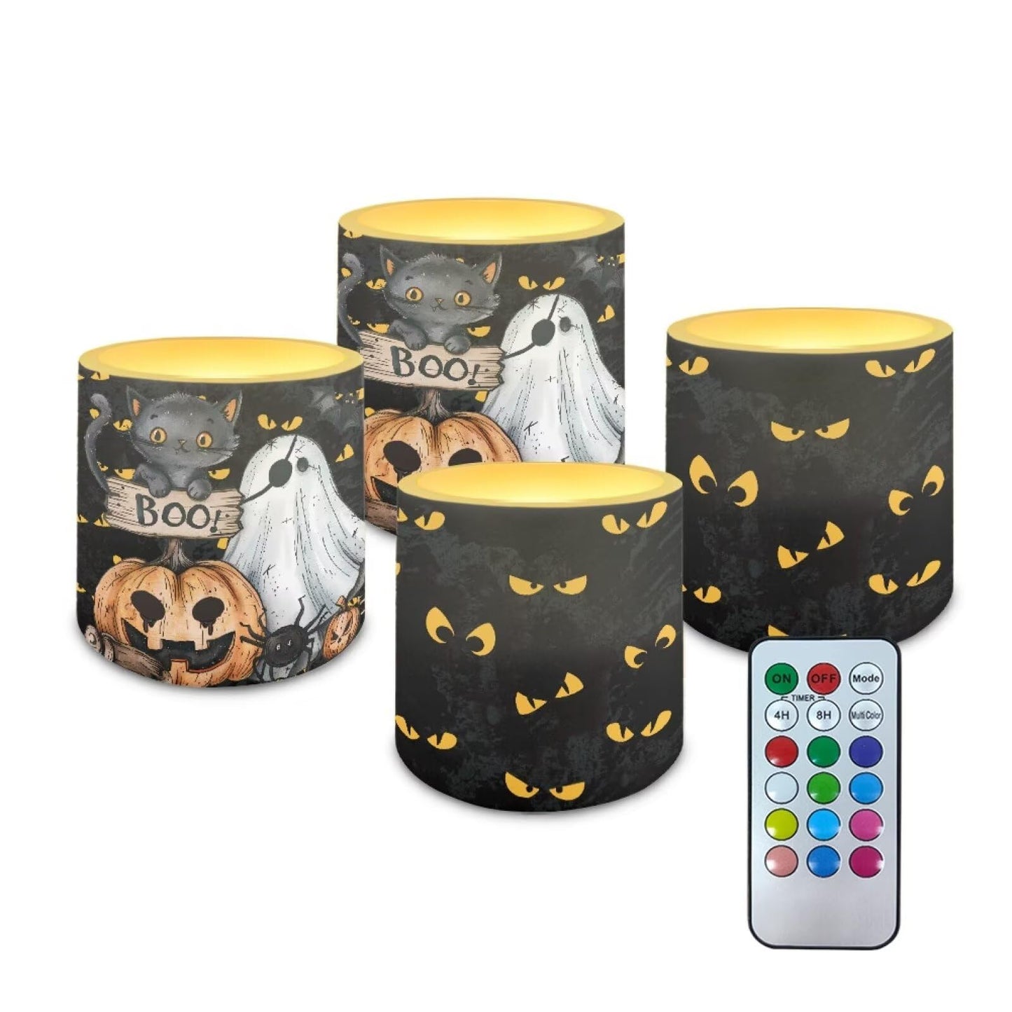 Merkmak Halloween Ghost Pumpkin Flameless Candles with Remote Battery Operated Candles with Timer Pack of 4 LED Pillar Tea Lights for Indoor Outdoor Party Home Living Room Decorations