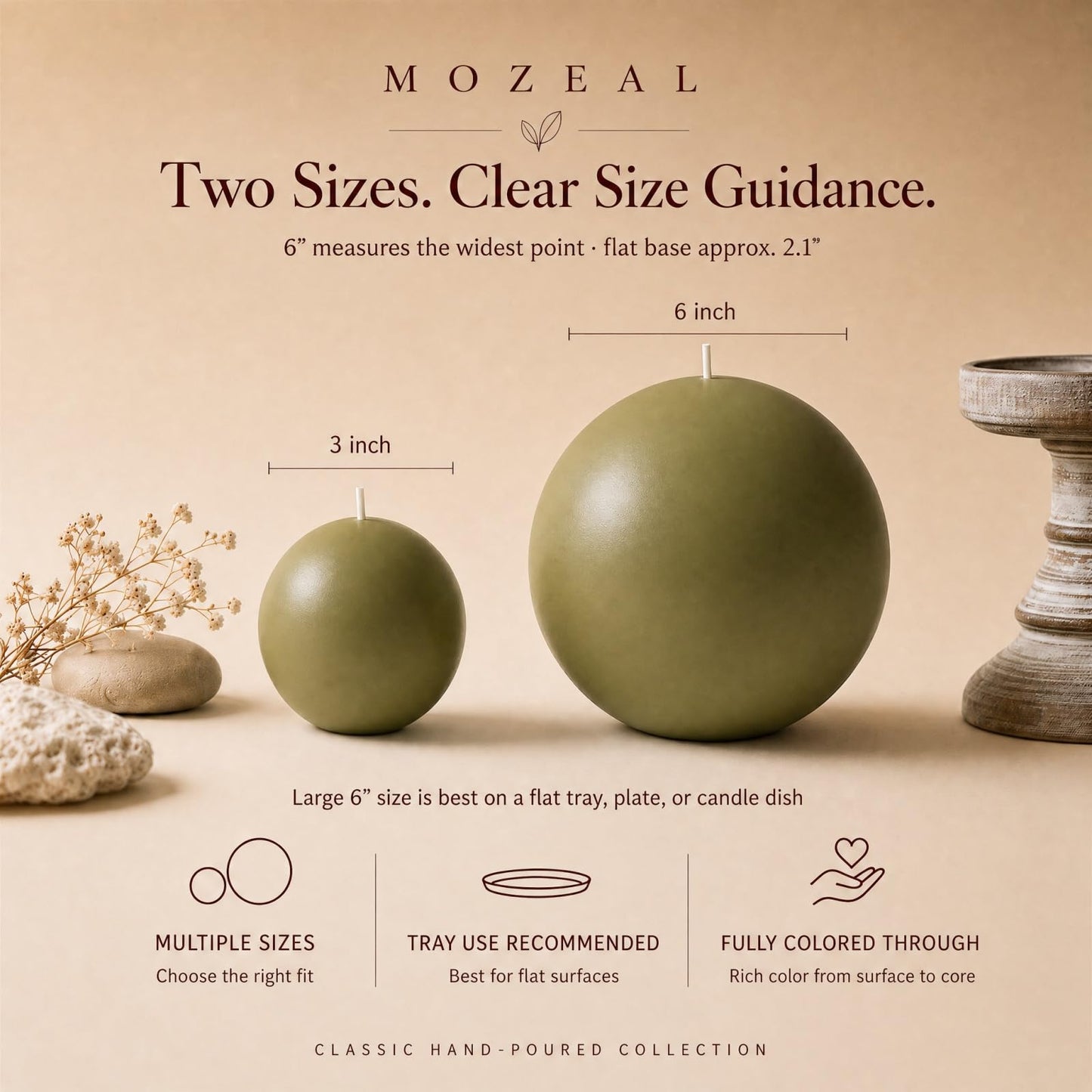MOZEAL Hand-Poured, 6 Inch Olive Green Large Round Ball Candles - Elegant Olive Green Round Pillar Candles, Dripless, Unscented, Smokeless, Ideal for Autumn Gatherings.
