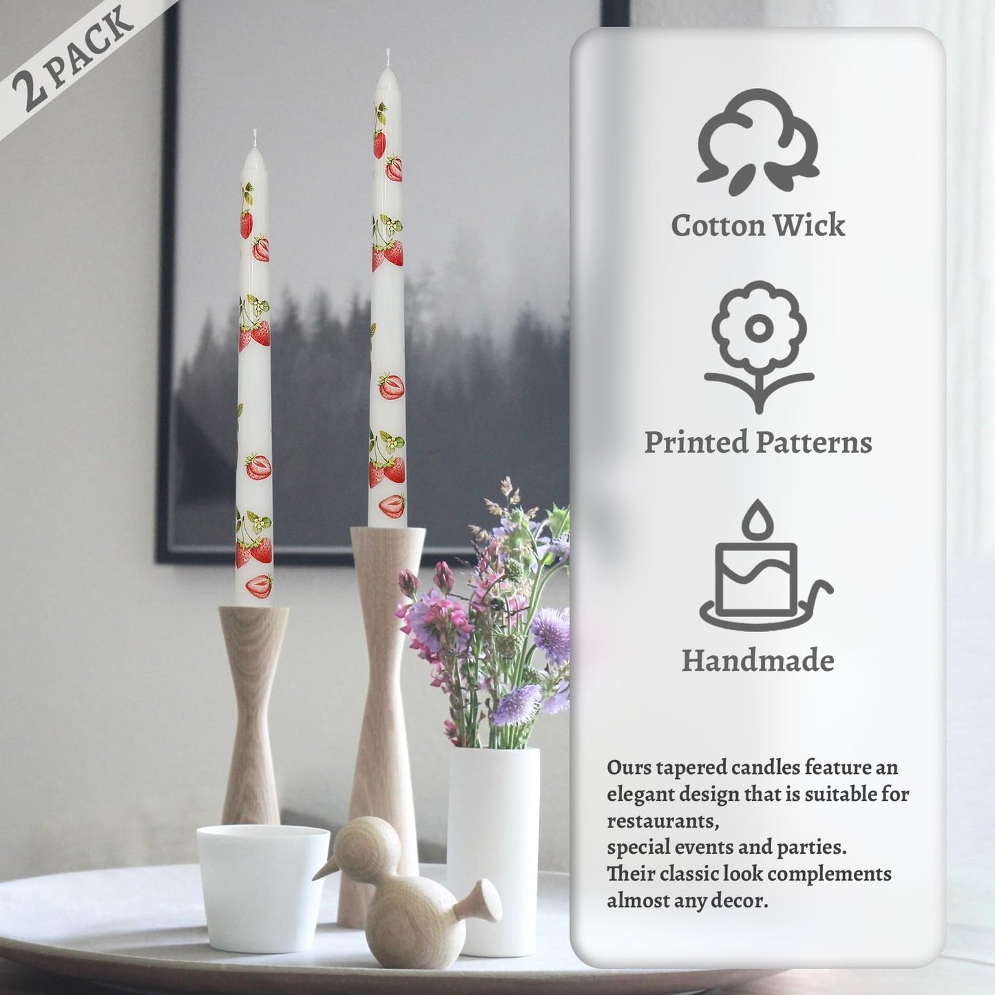 Floral Taper Candles 10 Inch Tall Unscented Handmade Strawberry Print Long Burning Elegant Candlesticks for Wedding Dinner Home Decor