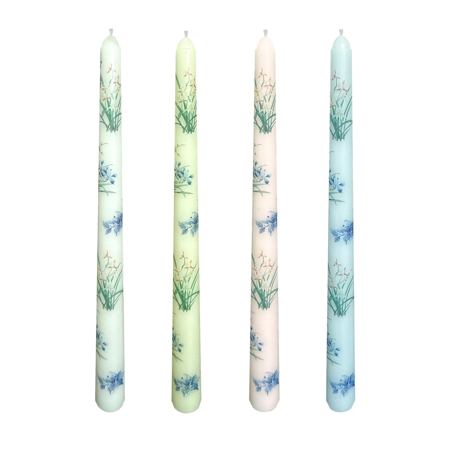 4-Pack Printed Taper Candles Unscented - Dripless & Smokeless 7-Hour Burn - 10" Hand-Poured Candles with Orchid Design for Dining, Weddings (White/Pastel Yellow/Pink/Blue)