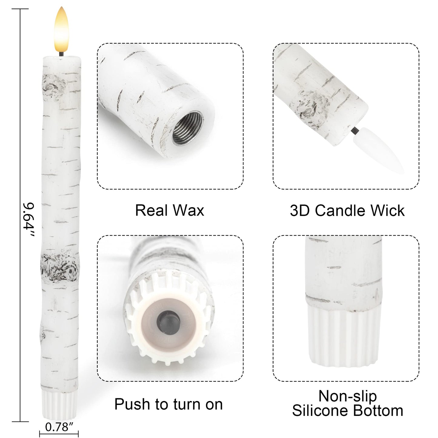 Birch Bark Flameless Taper Candles with 3D Wick, 9.6" Real Wax LED Candles with 2 Remote and Timer, 6 Pack Flickering Candlesticks Battery Operated Electric Candle for Home, Wedding, Party, Decor
