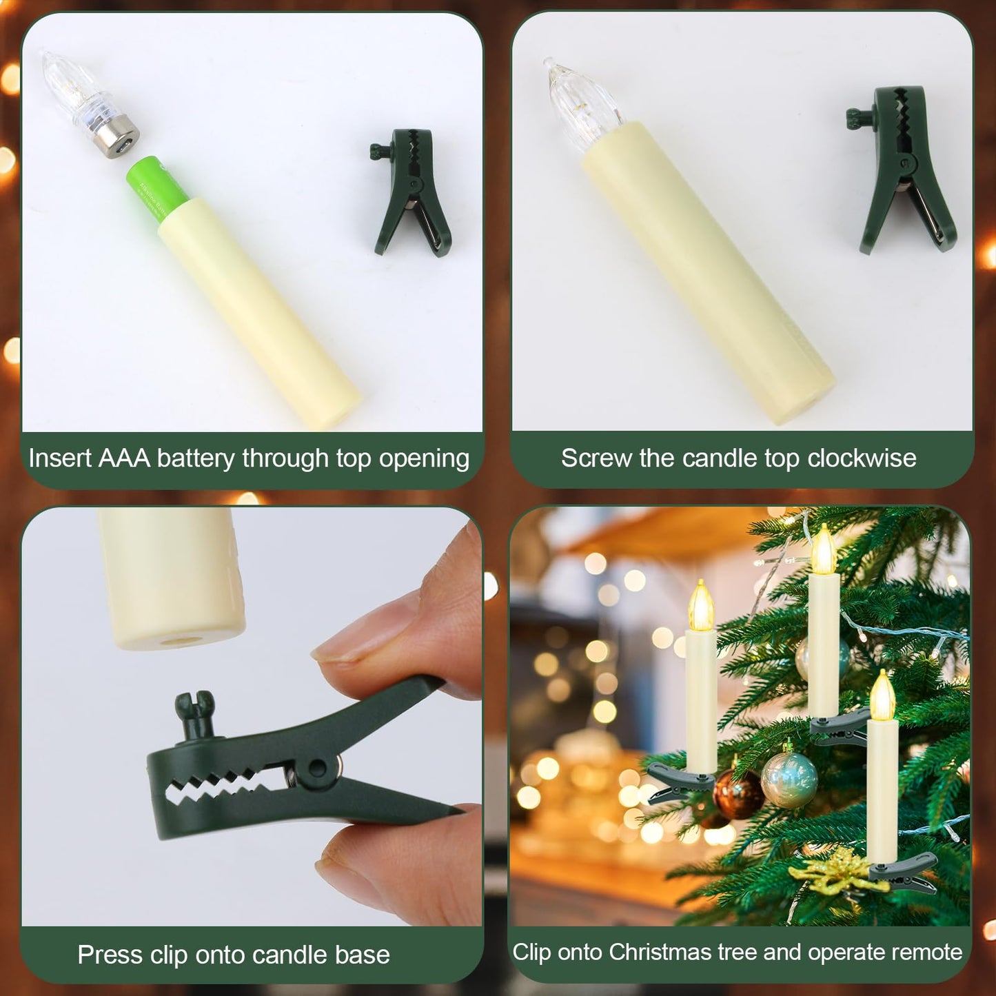 Kuandawei LED Christmas Candles, Flickering Clip on Candles for Christmas Tree, Battery Operated with Remote Timer, Warm White Light, Flameless Taper Candle for Home Christmas Decor, Set of 20
