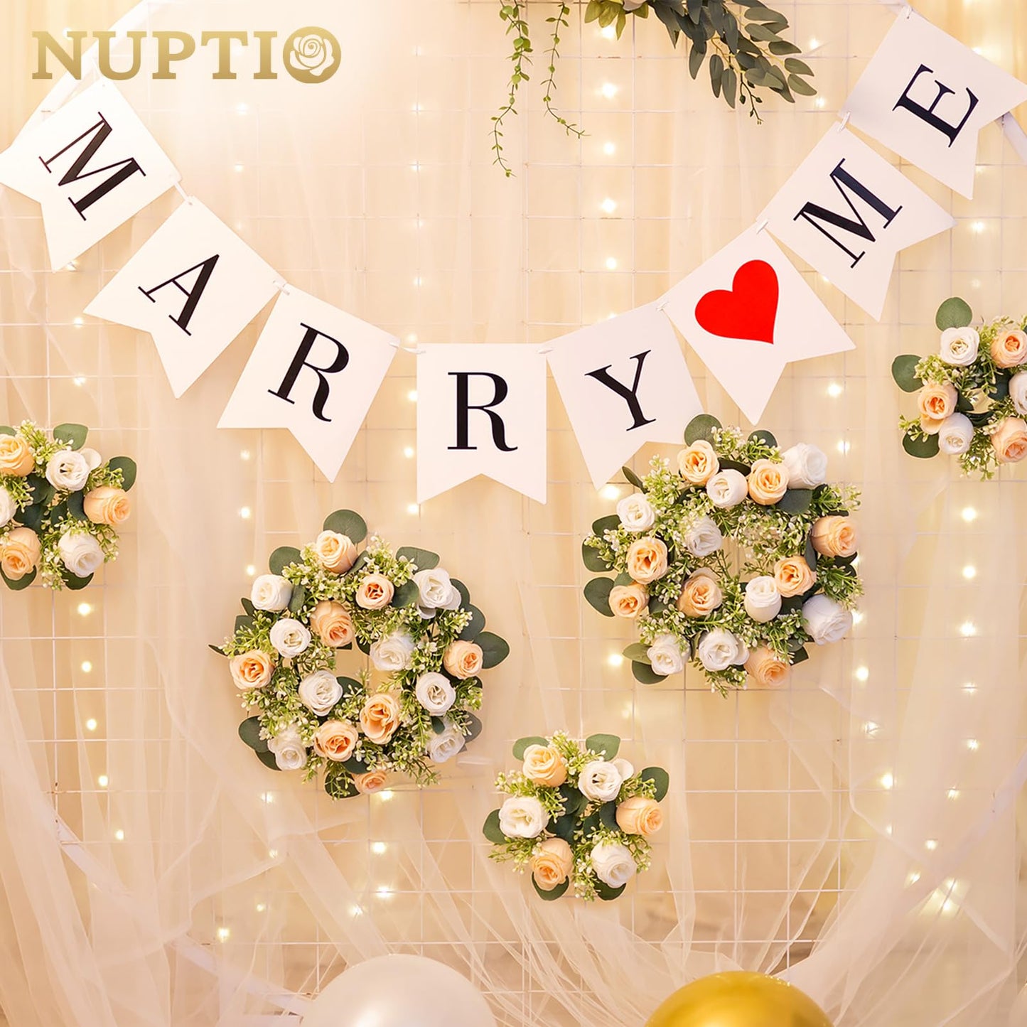 NUPTIO Flower Candle Rings Centerpieces: 13.4 Inch Champagne & White Artificial Rose Wreath for Wedding Party Christmas Decorations - Spring Summer Front Door Porch Decor 2 Pcs