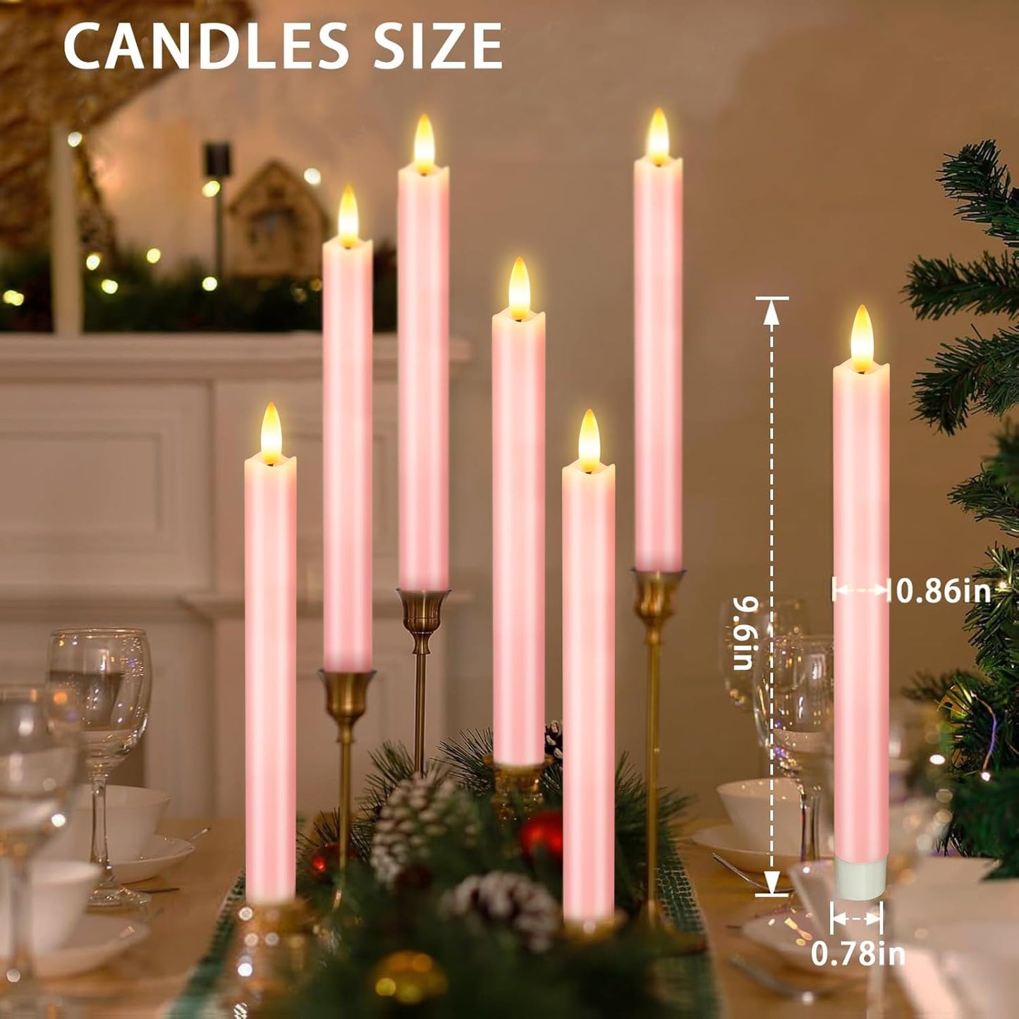 KSWING Upgraded Real Wax LED Flameless Pink Taper Candles with Remote, 6 PCS Candlesticks Battery Operated 3D Flickering - 9.6" Long Realistic Fake Candle Sticks for Home/Wedding/Fireplace Xmas Decor