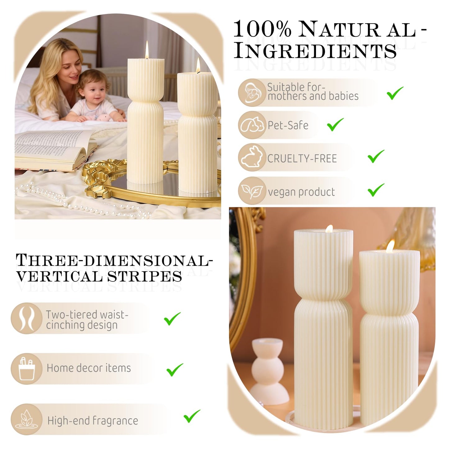 Aesthetic Sandalwood Scented Candles,Ribbed Pillar Candle Set of 2 (7.87" & 9.05" Tall), Natural Soy Wax Minimalist Geometric Decor, Modern Fluted Sculptural Candles for Home,Shelf, Mantel & Gift